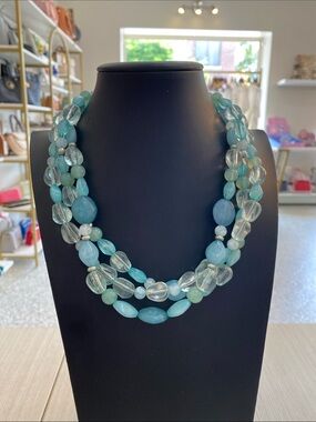 Multi-Strand Aqua and Clear Bead Necklace